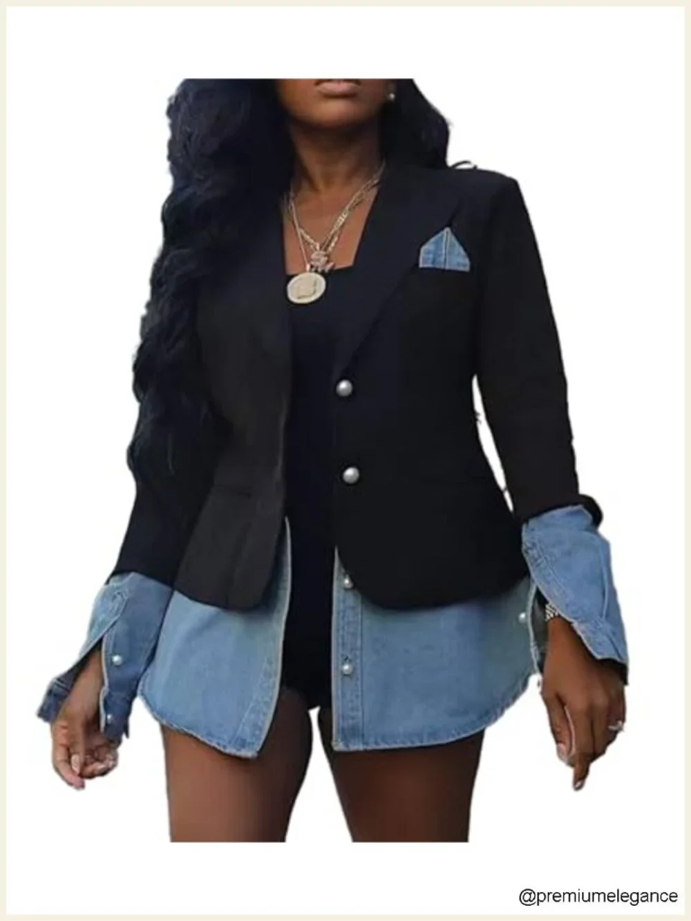 Women's Denim Blazer Jacket Long Sleeve Notched Lapel Trendy Coat